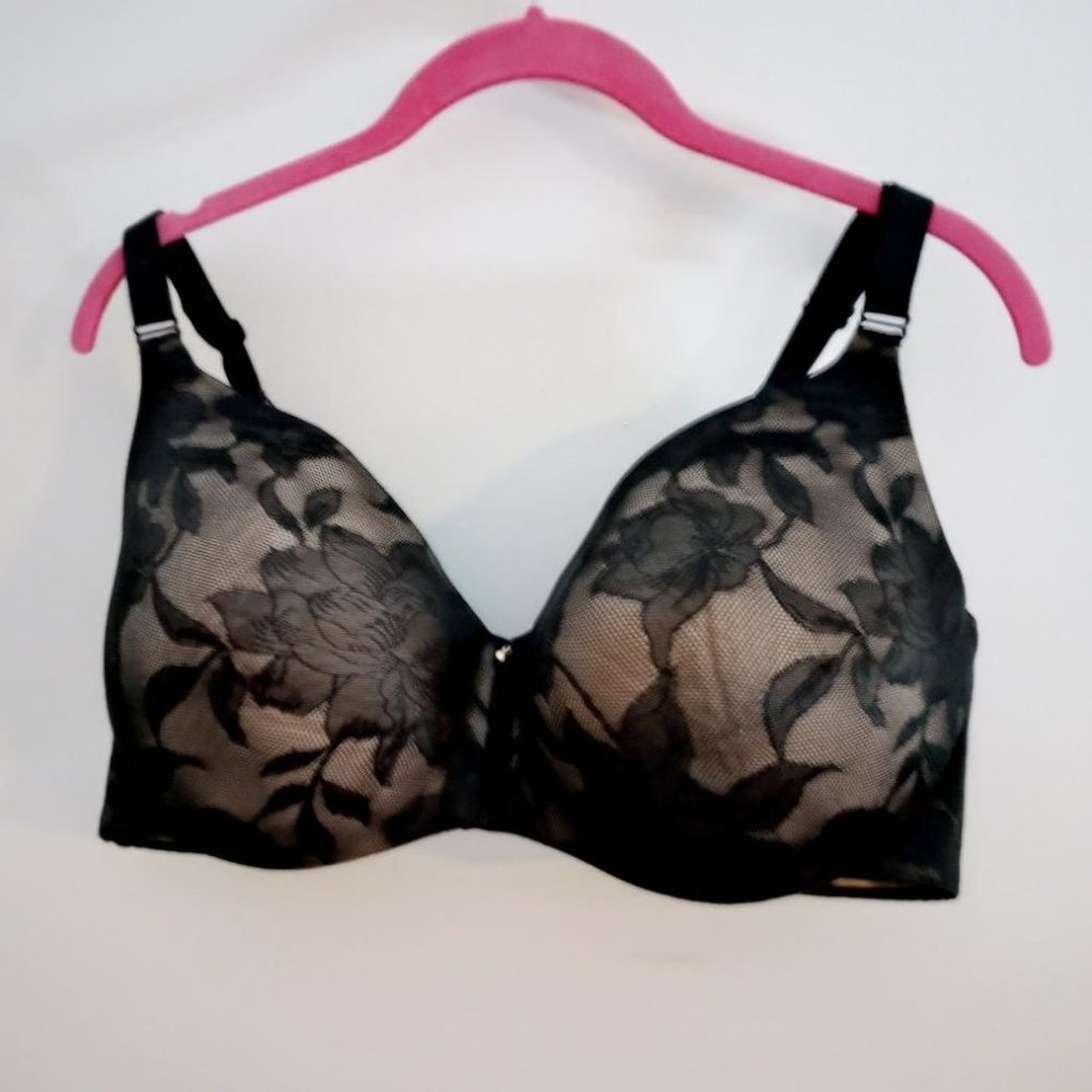 Cacique Lightly Lined Full Coverage Bra Black Nude Floral Lace Size 42DDD